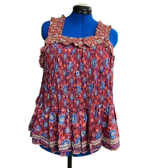 ROMANTIC GYPSY‎ Tank Top Red, Blue & White Smocked Ruched Bodice Sleeveless Size - Picture 1 of 10